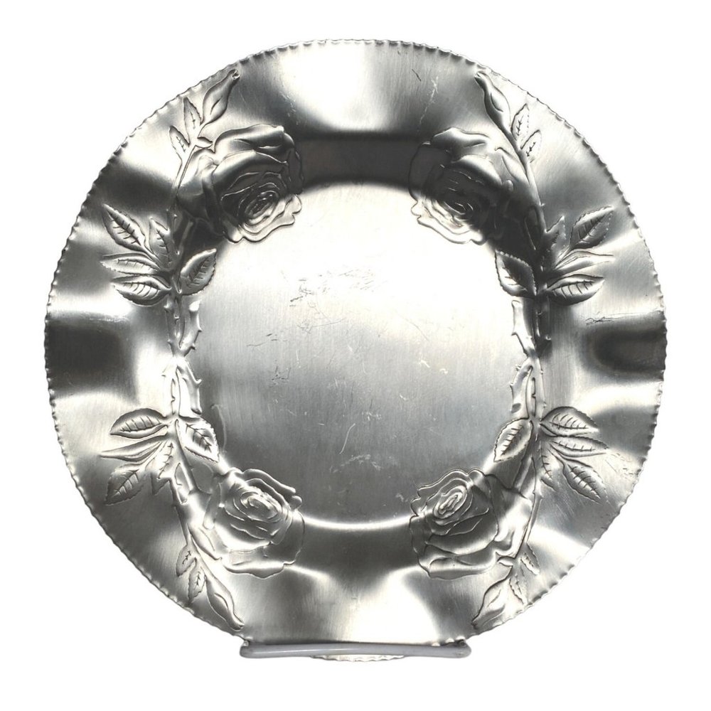 c1950s Aluminum Roses Pattern Canada 10in Design No460 Vintage Serveware Platter